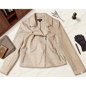 Ann Taylor Loft Beige Faux Suede Moto Jacket Size 10 Soft Modern Minimalist Chic